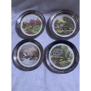 Sheridan Silver Coasters Vintage Currier & Ives 4 Seasons Country Pictures Set